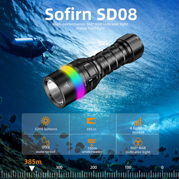Sofirn SD08 potápačské svetlo SST70 LED, 3200 lm, 21700 batéria, hliníková zliatina