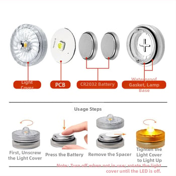 LED podvodné akváriové svetlo s otáčacím ovládaním, IP68, QS3020, 6V vstup, LED, CR2032 x2 batérie
