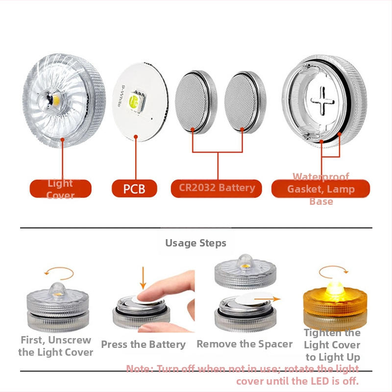LED podvodné akváriové svetlo s otáčacím ovládaním, IP68, QS3020, 6V vstup, LED, CR2032 x2 batérie