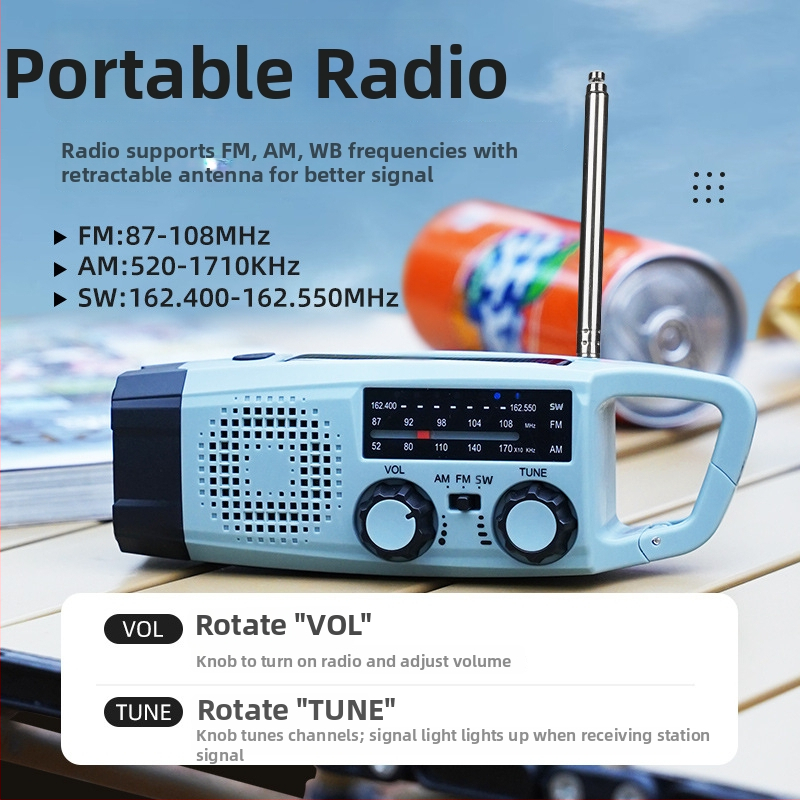 Núdzové viacúčelové rádio s alarmom zemetrasenia, ručne naťahovateľné napájanie a LED baterka, 2000mAh batéria