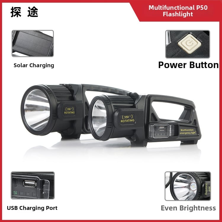 P50 Портативен LED фенер за къмпинг, 30W, 4500mAh литиева батерия, 360° въртене, обхват над 500 м, презареждащ се