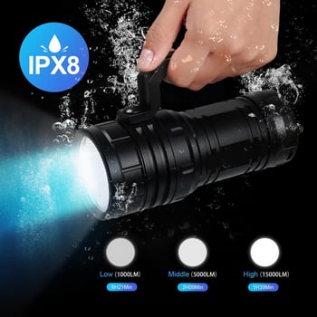 WURKKOS DL06 potápačská LED lampa s dlhým dosahom, do 15000 lúmenov, batéria 21700, hliníková zliatina