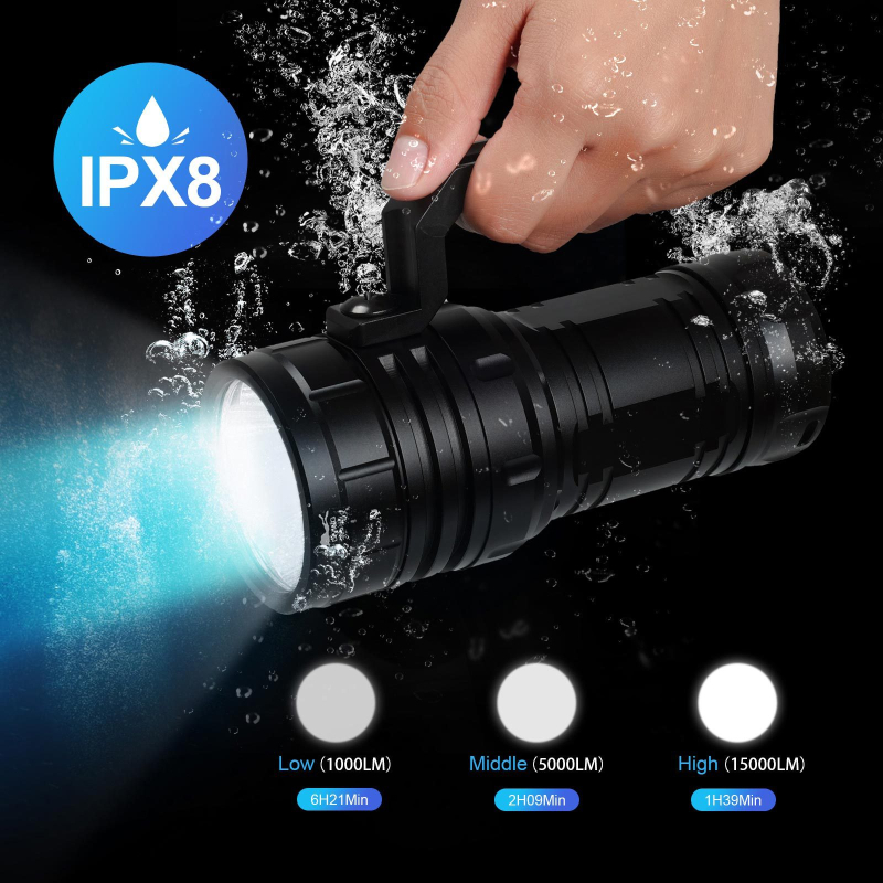 WURKKOS DL06 potápačská LED lampa s dlhým dosahom, do 15000 lúmenov, batéria 21700, hliníková zliatina