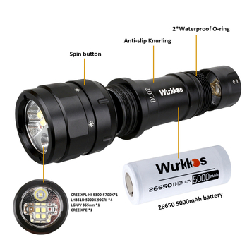 WURKKOS DL07 Lanternă de scufundări, aliaj de aluminiu, 3000 lumeni, iluminare infraroșie, personalizare disponibilă