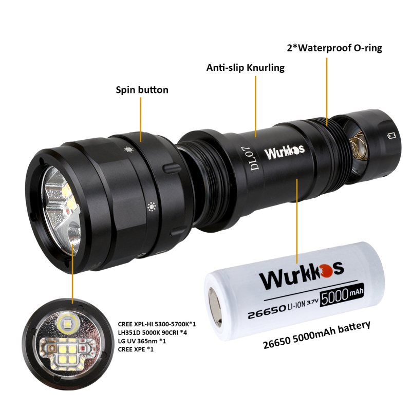 WURKKOS DL07 Lanternă de scufundări, aliaj de aluminiu, 3000 lumeni, iluminare infraroșie, personalizare disponibilă
