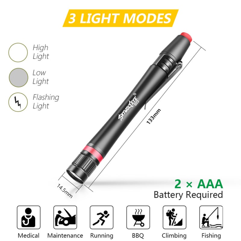 Pero‑oblik LED svjetiljka s klipom i aluminijskim tijelom (LED • 5W • 2xAAA • 100–200 m)