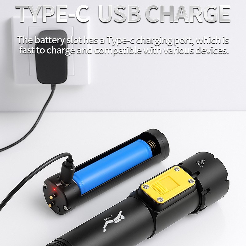 Podvodna svjetiljka za ronjenje s USB punjenjem, aluminijska legura, 15W, 350+ lumena, domet 100–200 m
