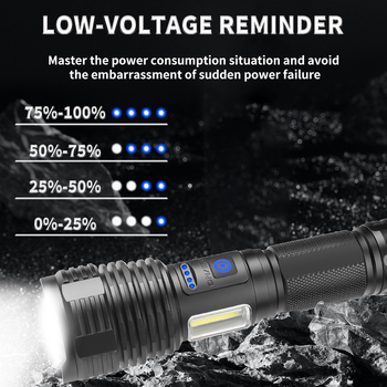 Kültéri LED zseblámpa oldalsó világítással, hosszú hatótávolság (10W; 100–200 m hatótáv; alumíniumötvözet test; 18650/26650 akkumulátor befogadása, nem tartalmazza)