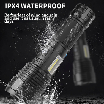 Kültéri LED zseblámpa oldalsó világítással, hosszú hatótávolság (10W; 100–200 m hatótáv; alumíniumötvözet test; 18650/26650 akkumulátor befogadása, nem tartalmazza)