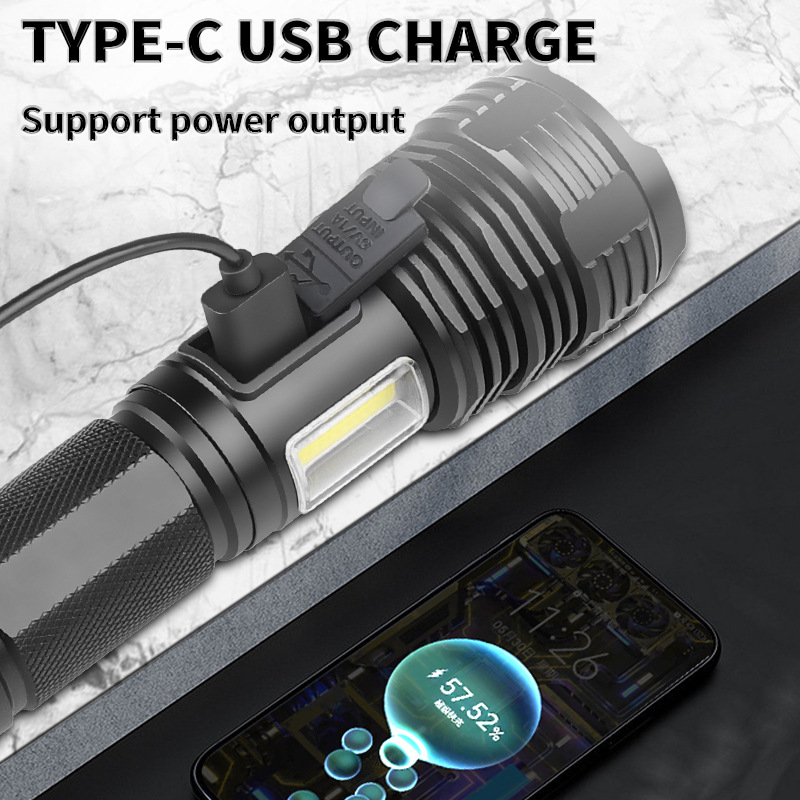 Kültéri LED zseblámpa oldalsó világítással, hosszú hatótávolság (10W; 100–200 m hatótáv; alumíniumötvözet test; 18650/26650 akkumulátor befogadása, nem tartalmazza)