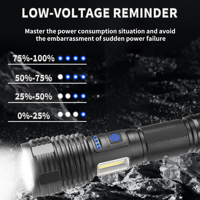 Kültéri LED zseblámpa oldalsó világítással, hosszú hatótávolság (10W; 100–200 m hatótáv; alumíniumötvözet test; 18650/26650 akkumulátor befogadása, nem tartalmazza)