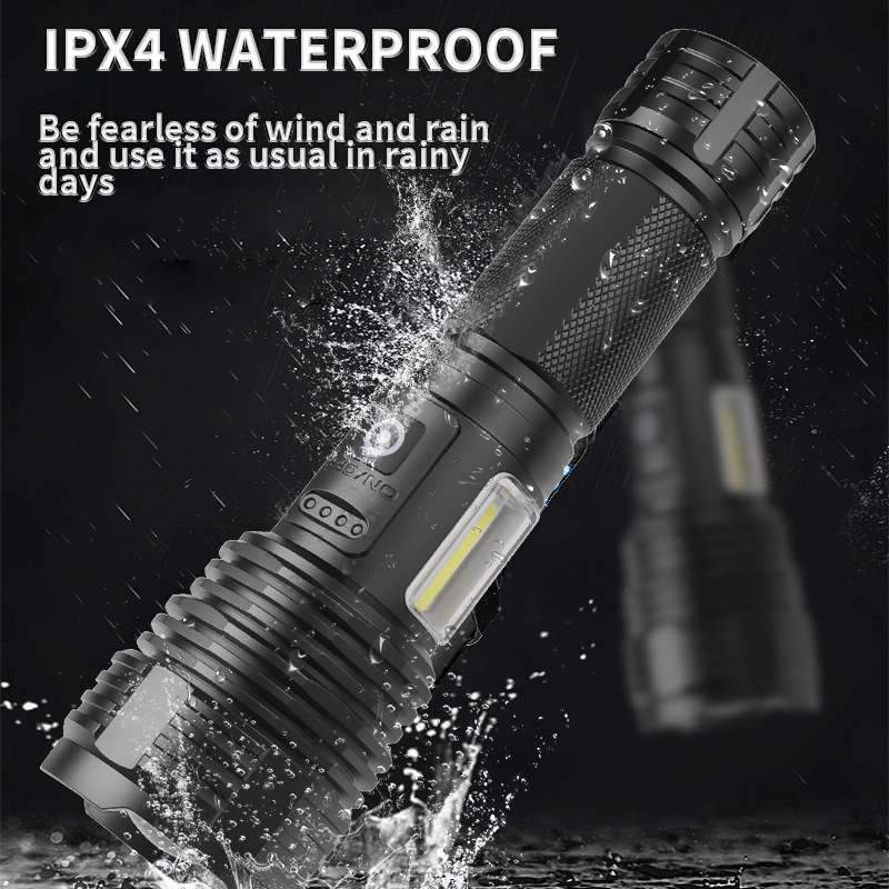 Kültéri LED zseblámpa oldalsó világítással, hosszú hatótávolság (10W; 100–200 m hatótáv; alumíniumötvözet test; 18650/26650 akkumulátor befogadása, nem tartalmazza)