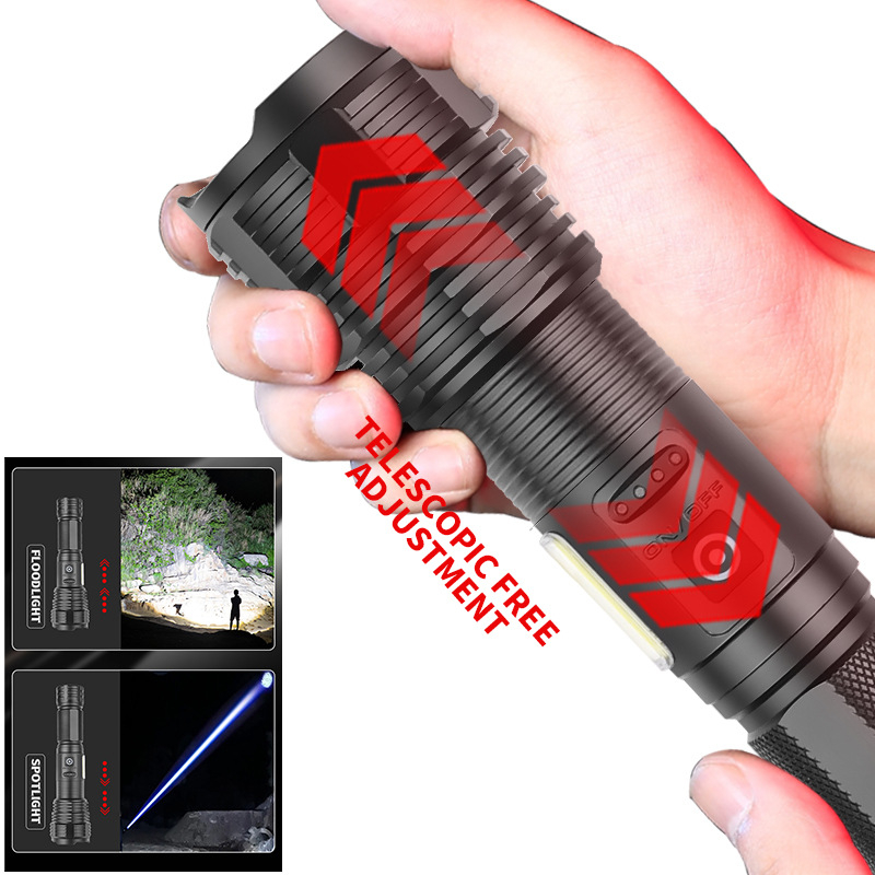 Kültéri LED zseblámpa oldalsó világítással, hosszú hatótávolság (10W; 100–200 m hatótáv; alumíniumötvözet test; 18650/26650 akkumulátor befogadása, nem tartalmazza)