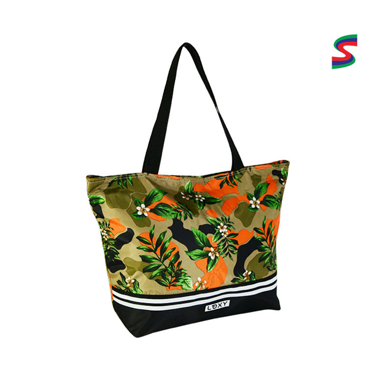 Plažna torba s tropskim biljnim uzorkom, poliester, prozračna i vodootporna, prugasti uzorak, unisex, kapacitet 20-35 L