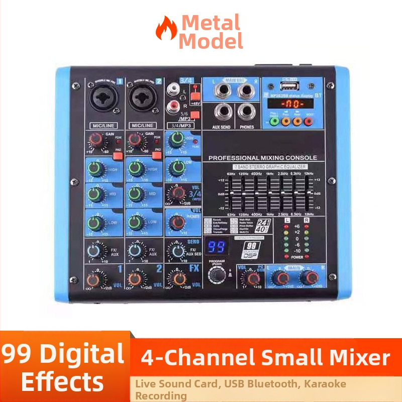 4-kanálový Bluetooth USB audio mixér pre pódium a živé vysielanie