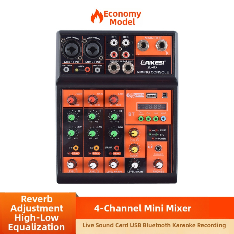 4-kanálový Bluetooth USB audio mixér pre pódium a živé vysielanie