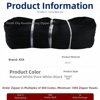Nylonový zips s živicovými zubami, kódový zips, značka Kun Shen Xing, pôvod Fujian, model 0108