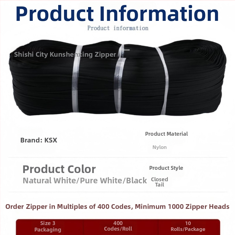 Nylonový zips s živicovými zubami, kódový zips, značka Kun Shen Xing, pôvod Fujian, model 0108