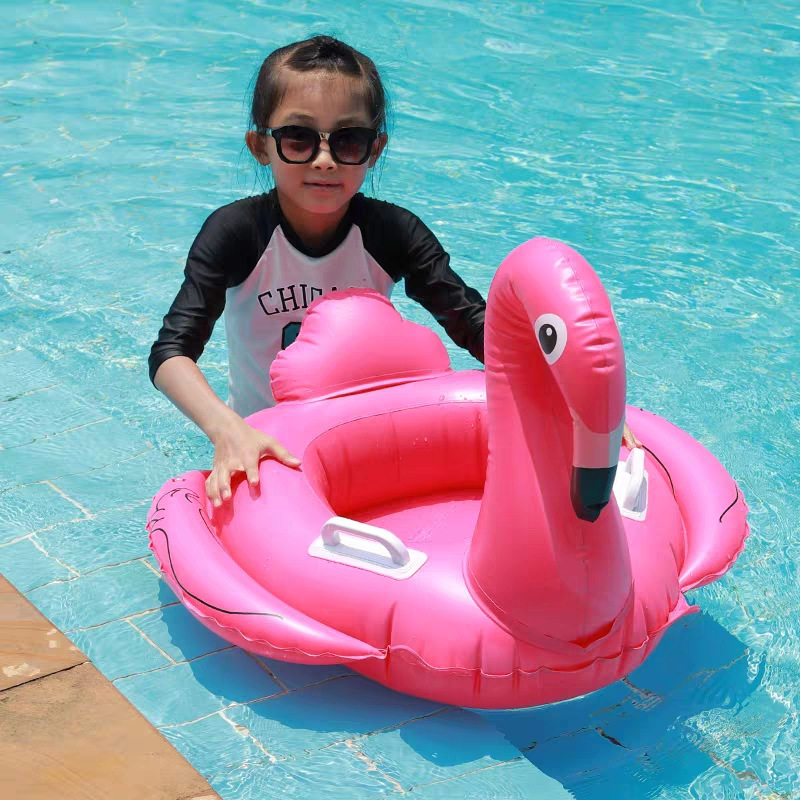 Inel de înot gonflabil în formă de flamingo pentru copii, cu mâner, PVC 0,25 mm, model desen animat, inel de șezut, potrivit pentru înot și plimbări în apă