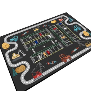 Детски килим за игра с писта за коли — квадратен, от кристално кадифе, печатен геометричен модел, карикатурен стил, миещ се