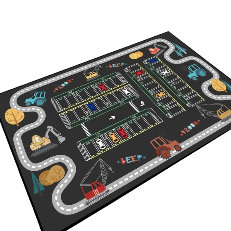 Детски килим за игра с писта за коли — квадратен, от кристално кадифе, печатен геометричен модел, карикатурен стил, миещ се