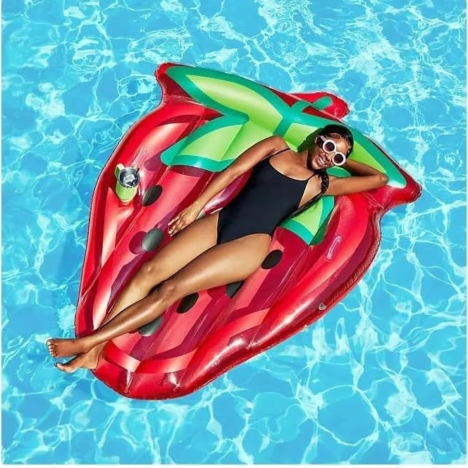 FY Plută gonflabilă pentru piscină în formă de căpșună, cu suport pentru pahar, brațe și pernă de aer (PVC ecologic)