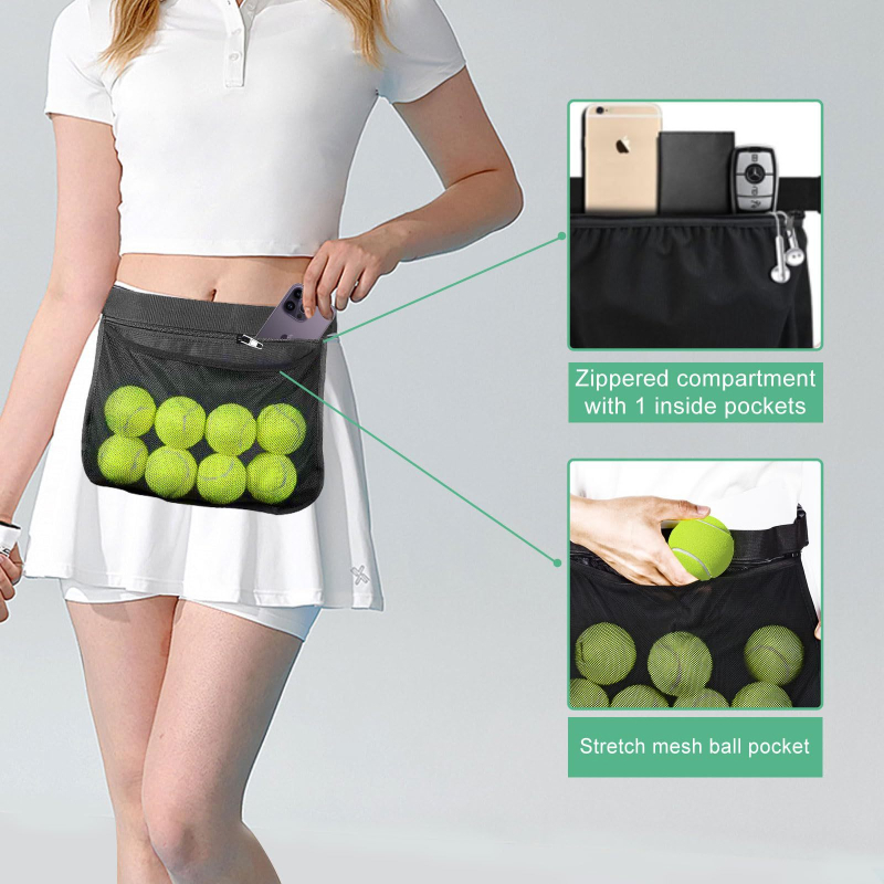 Prijenosna mrežasta torba za skupljanje teniskih i golf lopti; pojasna torba za skladištenje lopti; prikladna za stolni tenis, badminton i pickleball.