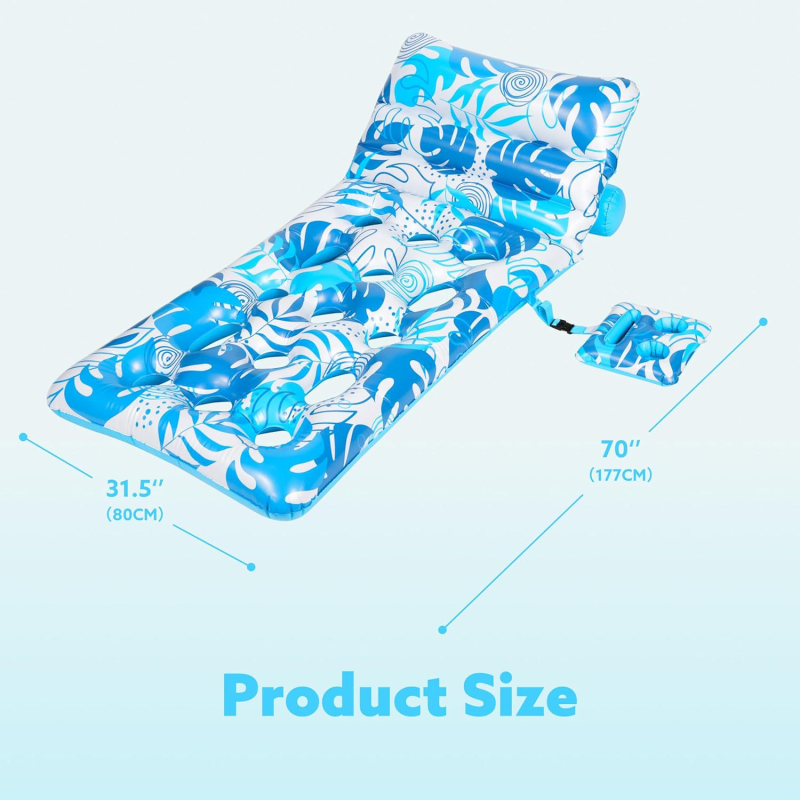 Saltea gonflabilă plutitoare cu suport pentru pahar, spate, design cu găuri, design cu frunze tropicale, PVC ecologic