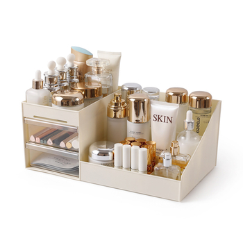 Asztali kozmetikai tároló rekeszekkel, porvédett, nagy kapacitású, PP+PS műanyagból, modern minimalista dizájn