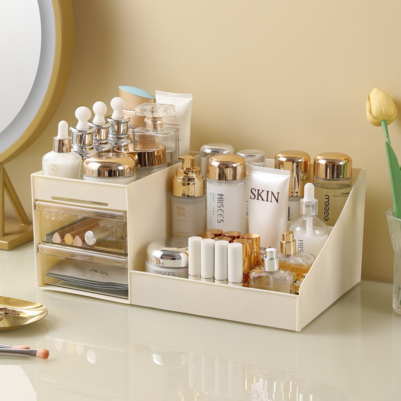 Asztali kozmetikai tároló rekeszekkel, porvédett, nagy kapacitású, PP+PS műanyagból, modern minimalista dizájn