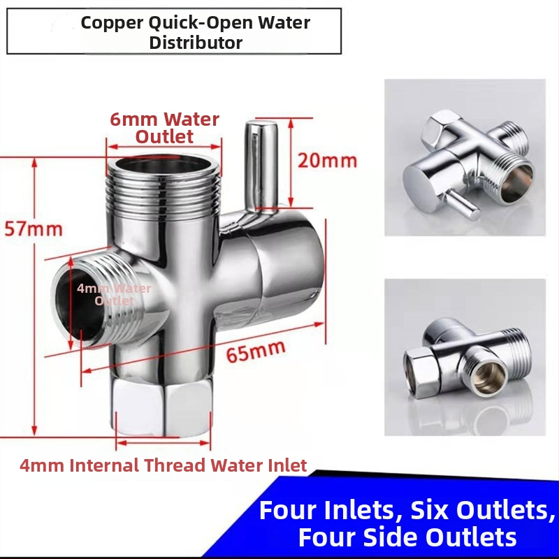 Meďný sprchový rozdeľovač - 1 vstup, 2 výstupy, spojenie 4/6 bodov, vysoký prietok, trojcestný sprchový doplnok
