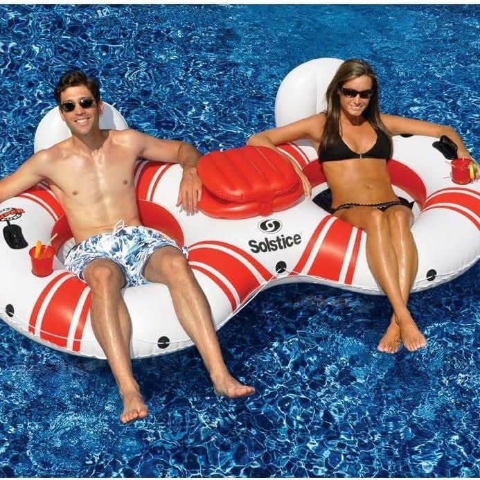 Felfújható 8-as alakú dupla gyűrű medence úszó hálós hátfallal, PVC anyag, termékkód INFTOY, testreszabás elérhető