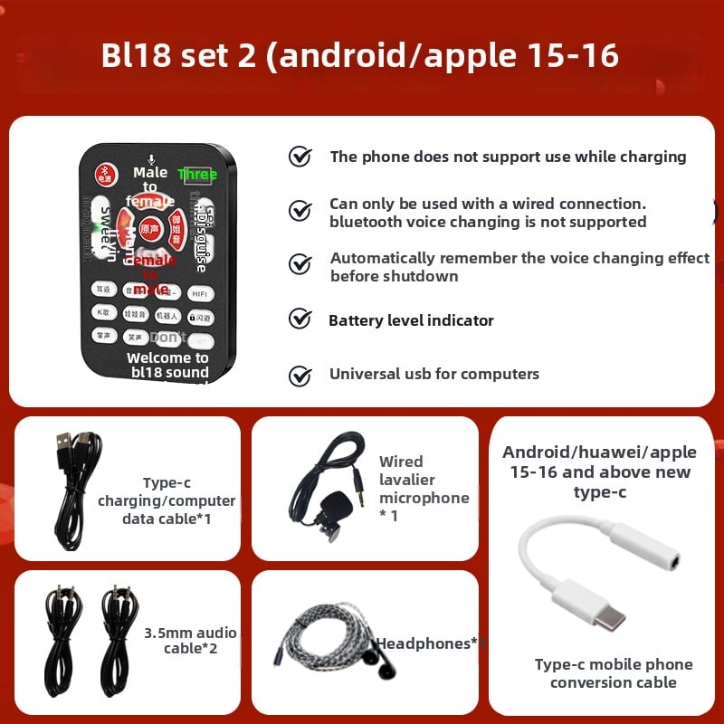 BL18 uređaj za promjenu glasa za mobitele — promjena glasa u stvarnom vremenu, PC zvučna karta, Bluetooth 5.0, SNR ≥60 dB, raspon frekvencija 100 Hz–20 kHz