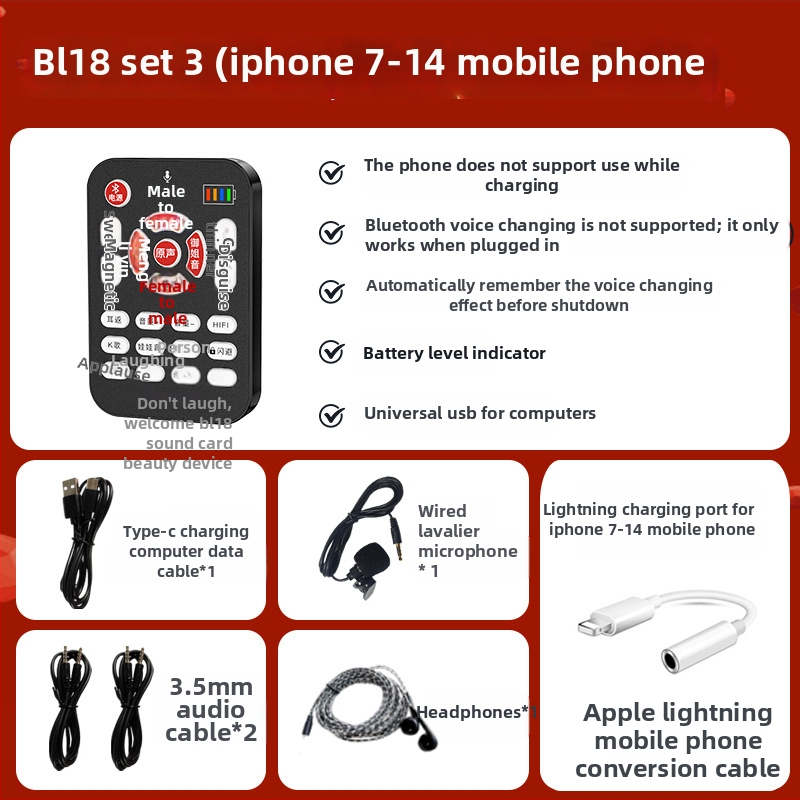 BL18 uređaj za promjenu glasa za mobitele — promjena glasa u stvarnom vremenu, PC zvučna karta, Bluetooth 5.0, SNR ≥60 dB, raspon frekvencija 100 Hz–20 kHz