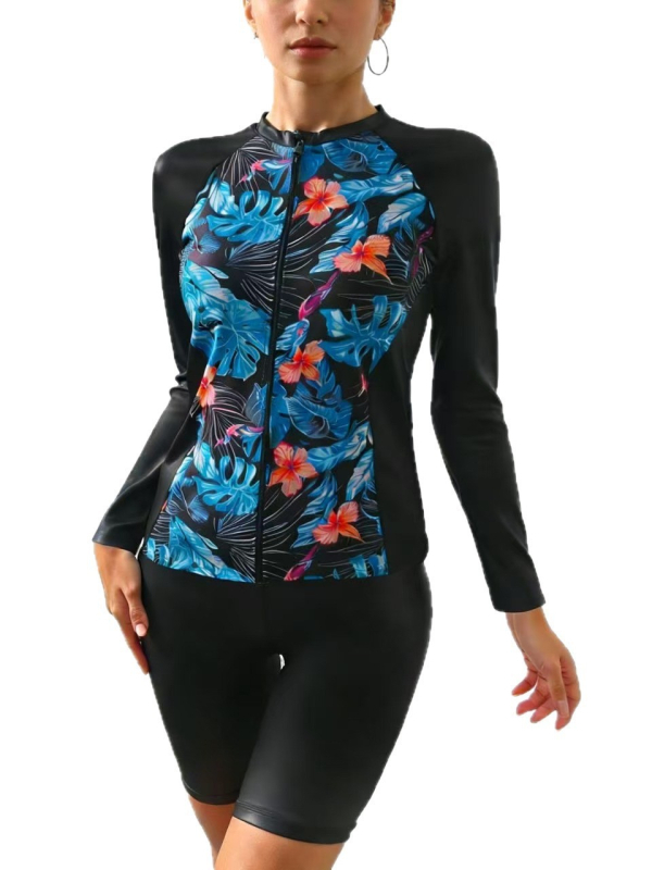 Trokomponentni ženski kupaći kostim s cvjetnim uzorkom, europsko-američki stil; materijal: najlon s elastanom; podstava: poliester s elastanom; s umetcima za grudi