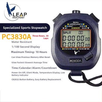 Tianfu PC3830A — Digitálny časovač so stoperom, kalendárom, alarmom a odpočítavaním; ABS telo, vodotesný, pauza, protišmyková plocha, trojradový displej