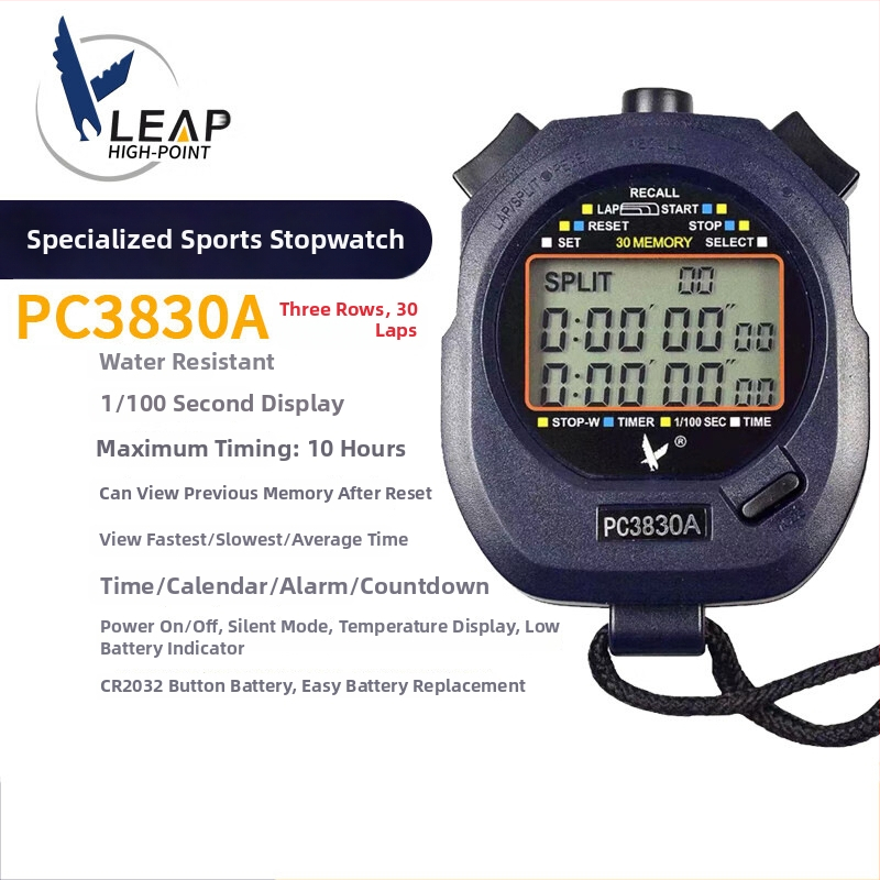 Tianfu PC3830A — Digitálny časovač so stoperom, kalendárom, alarmom a odpočítavaním; ABS telo, vodotesný, pauza, protišmyková plocha, trojradový displej