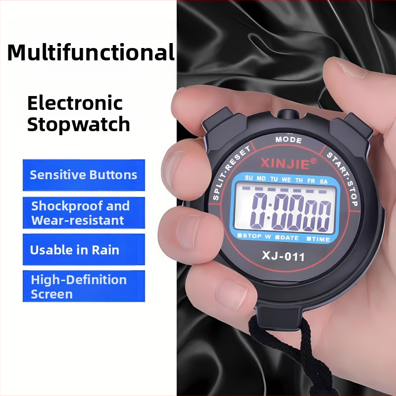 Elektronički štoperica za sportske treninge i natjecanja; plastično kućište; vodootpornost: Ne; funkcija pauze: Ne; pogodan za sportove s loptom i druge aktivnosti.