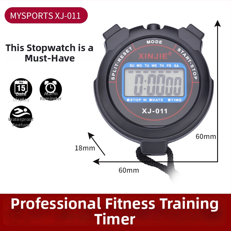 Elektronički štoperica za sportske treninge i natjecanja; plastično kućište; vodootpornost: Ne; funkcija pauze: Ne; pogodan za sportove s loptom i druge aktivnosti.