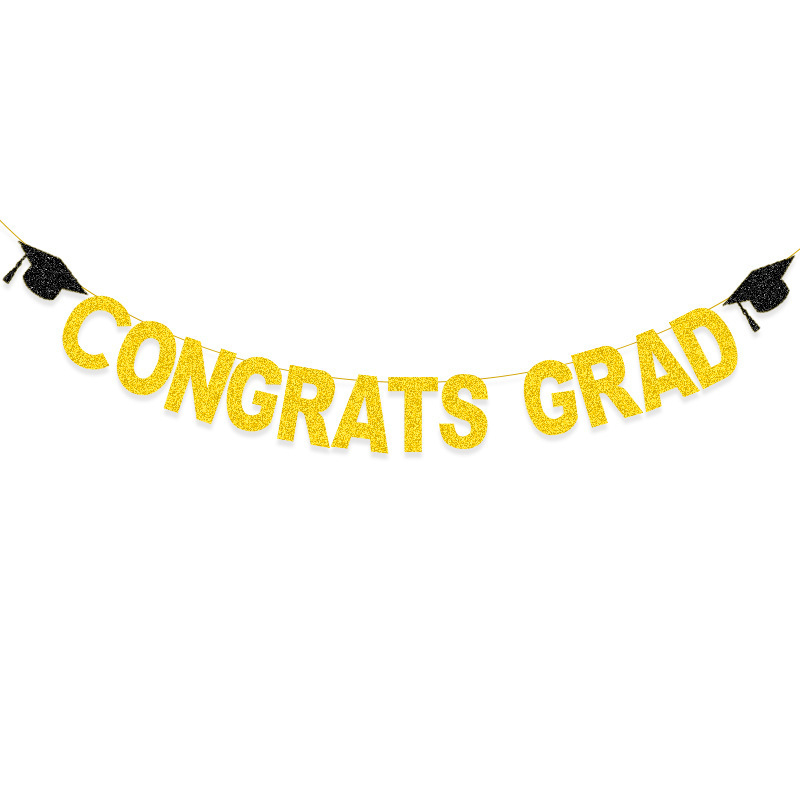 Zavjesa zastave za proslavu mature CONGRATS GRAD, sa svjetlucavim detaljima i motivom doktorskog šešira; Materijal: papir, vrpca; Kategorija: rekviziti za uređenje prostora; Primjereno za: dekoracije mature; Uzorak: bez uzorka