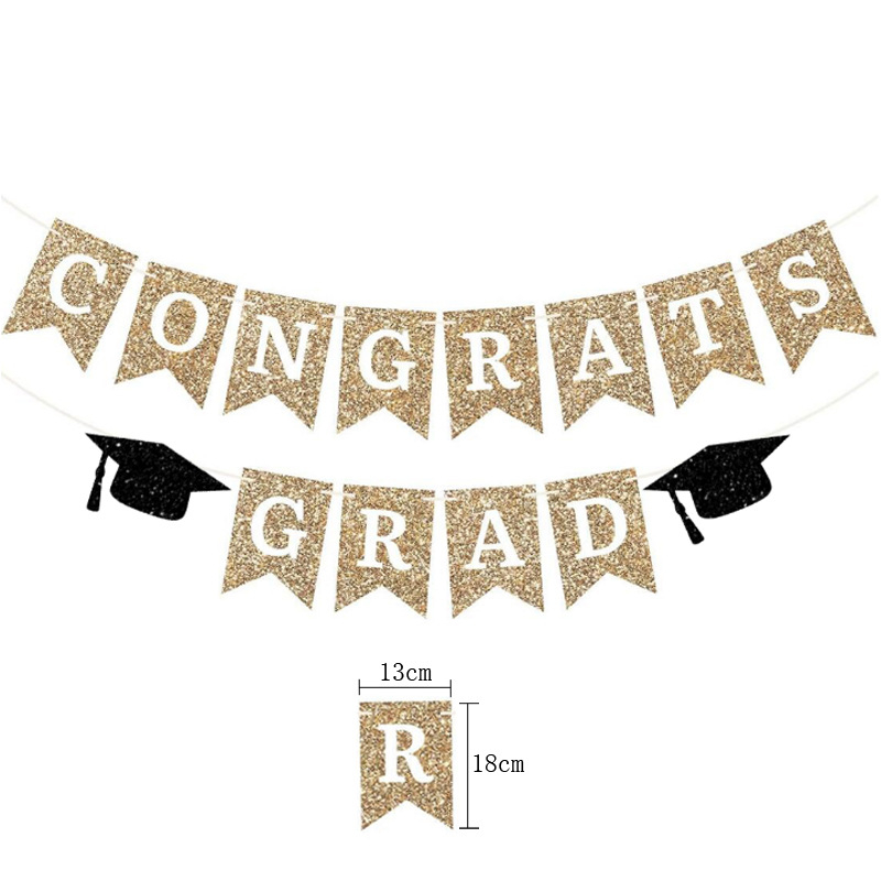 Zavjesa zastave za proslavu mature CONGRATS GRAD, sa svjetlucavim detaljima i motivom doktorskog šešira; Materijal: papir, vrpca; Kategorija: rekviziti za uređenje prostora; Primjereno za: dekoracije mature; Uzorak: bez uzorka