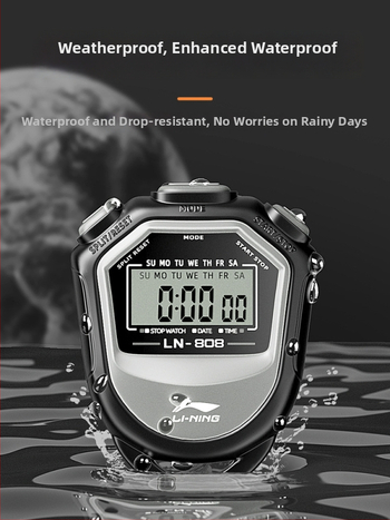 Li Ning elektronické stopky – časovač pre športové súťaže, vodotesný, pauza, ABS telo, 40 g, displej s 2 dráhami v jednom riadku, pre beh, cyklistiku a loptové športy