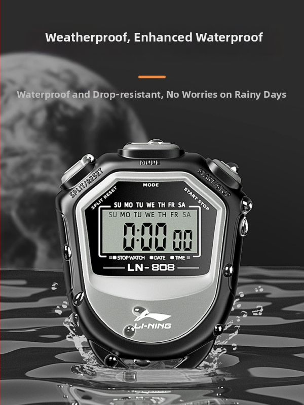 Li Ning elektronické stopky – časovač pre športové súťaže, vodotesný, pauza, ABS telo, 40 g, displej s 2 dráhami v jednom riadku, pre beh, cyklistiku a loptové športy