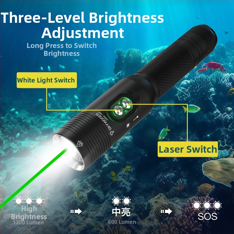 Ponorná svietidlo SKYWOODS, 1200 lúmenov, s laserom, podvodné osvetlenie, dlhý dosvit, indikačné svetlo