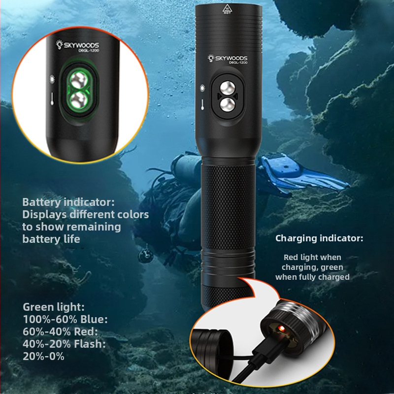 Ponorná svietidlo SKYWOODS, 1200 lúmenov, s laserom, podvodné osvetlenie, dlhý dosvit, indikačné svetlo