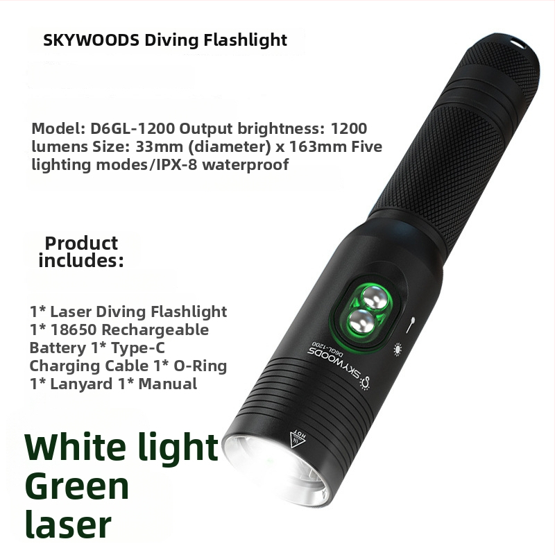 Ponorná svietidlo SKYWOODS, 1200 lúmenov, s laserom, podvodné osvetlenie, dlhý dosvit, indikačné svetlo