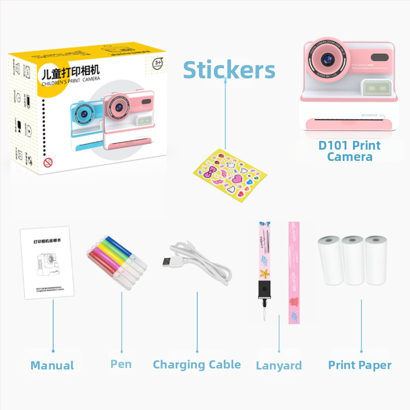 D101 Polaroid okamžitá kamera s prednou a zadnou dvojitou šošovkou, 3600W pixlov, 2,4-palcový LCD, TF karta, ABS telo