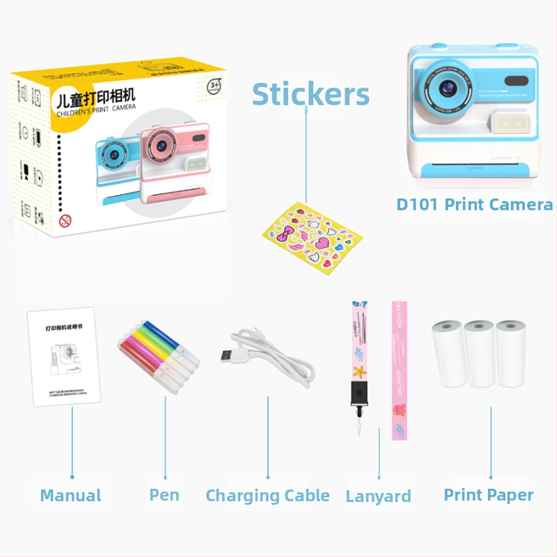 D101 Polaroid okamžitá kamera s prednou a zadnou dvojitou šošovkou, 3600W pixlov, 2,4-palcový LCD, TF karta, ABS telo