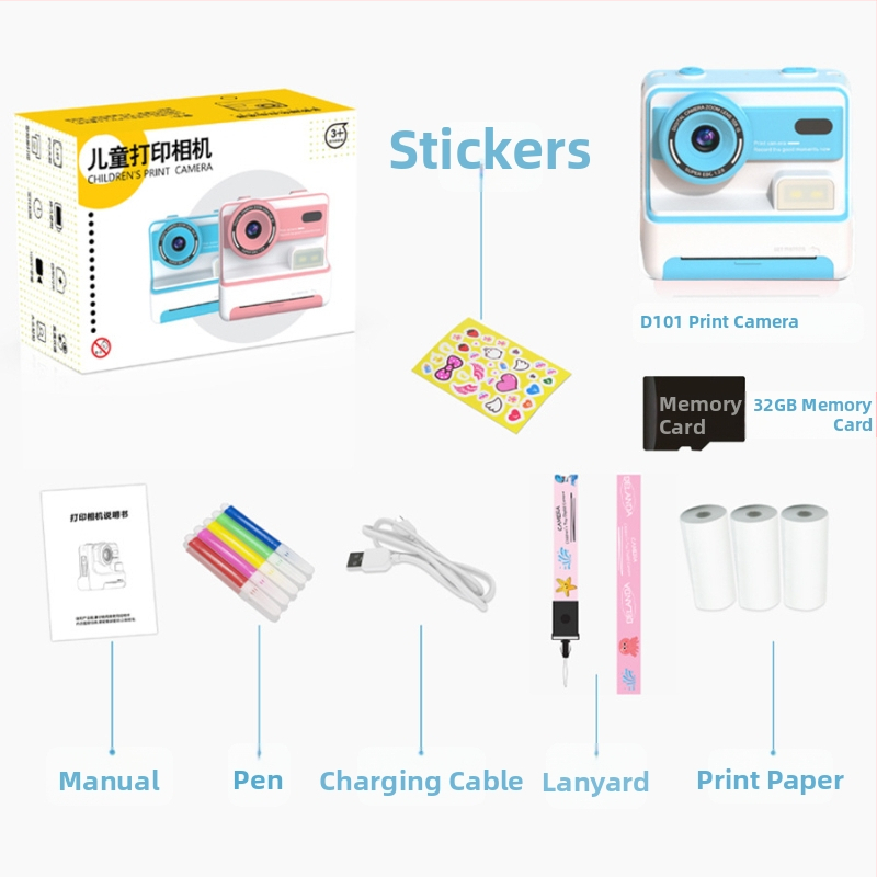 D101 Polaroid okamžitá kamera s prednou a zadnou dvojitou šošovkou, 3600W pixlov, 2,4-palcový LCD, TF karta, ABS telo