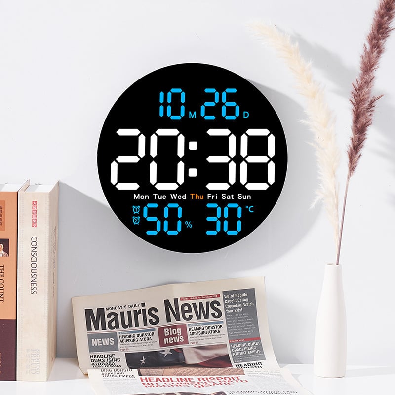 Moderne zidni sat za dnevni boravak, elektronički, višefunkcionalan, temperatura i vlaga, LED prikaz, tih rad, kalendar, alarm, prikaz 24-sat, model 5501